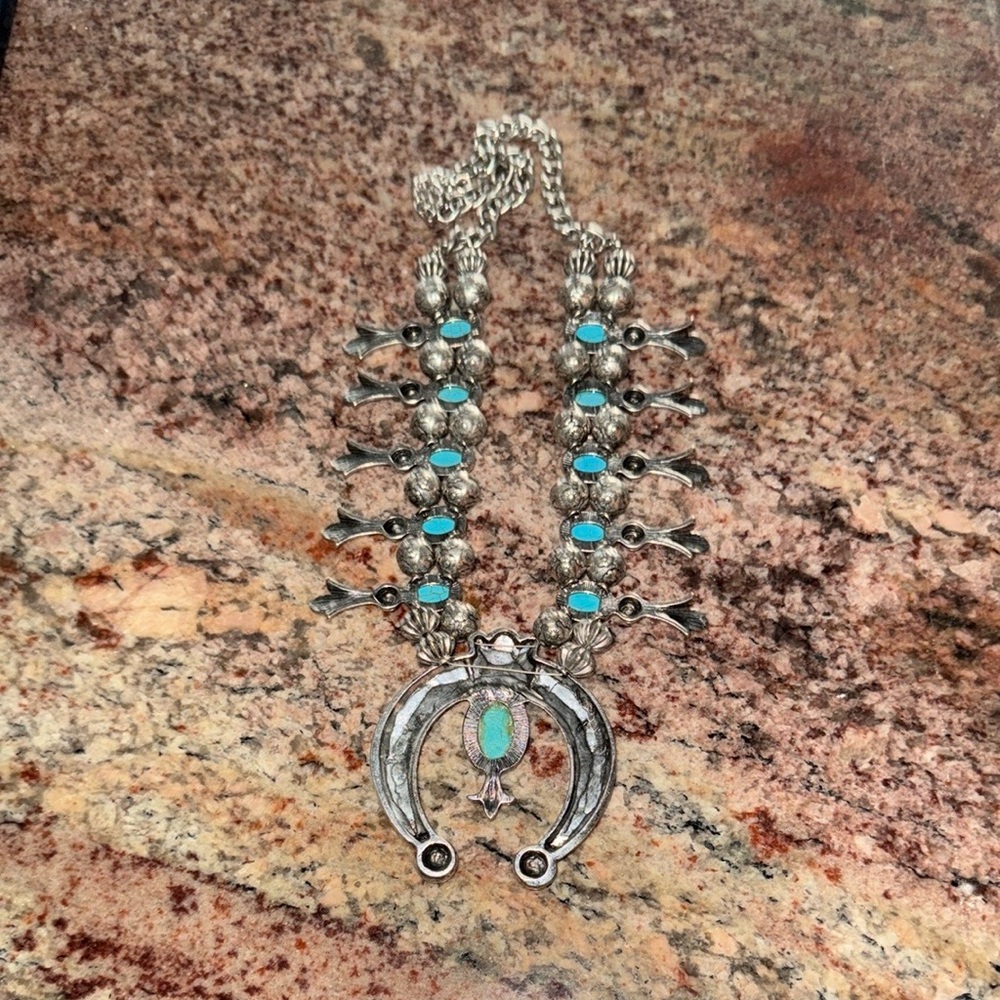 Turquoise & Silver Squash Blossom Necklace - Picture 9 of 13